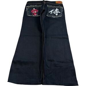 RMC Red Monkey Company Selvedge Samurai Embroidery Y2K Wide Leg Baggy Jeans